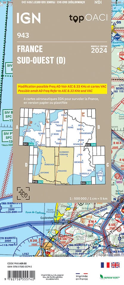 Carte aéronautique OACI 943 - France Sud-ouest 2024 | IGN carte pliée IGN 