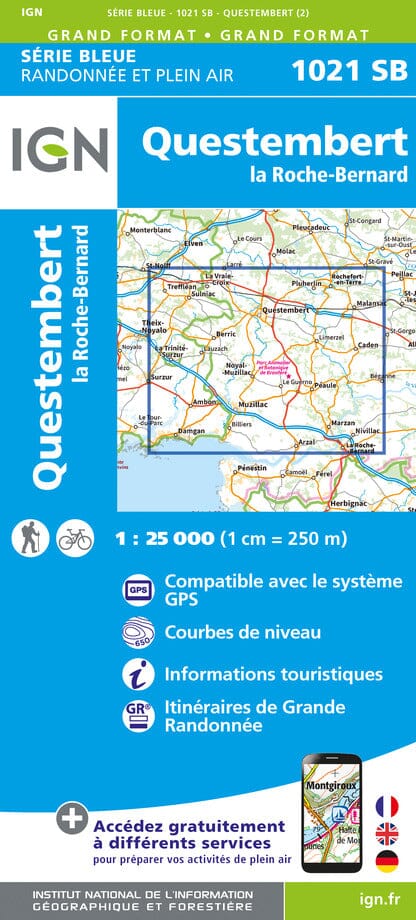 Carte de randonnée n° 1021 - Questembert, La Roche-Bernard | IGN - Série Bleue carte pliée IGN 