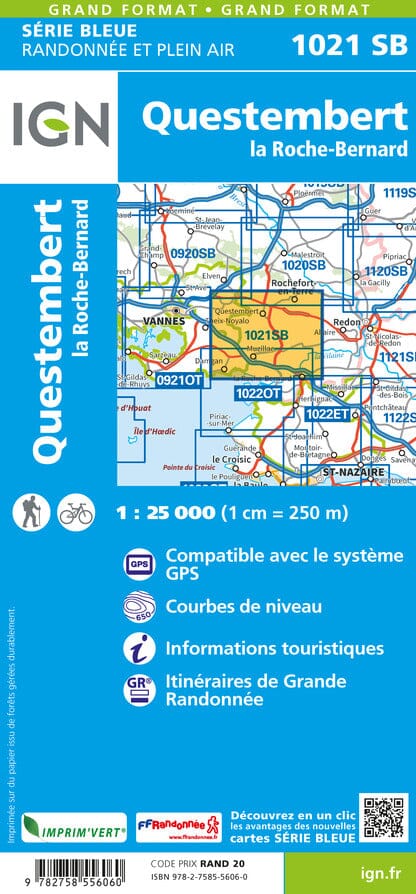 Carte de randonnée n° 1021 - Questembert, La Roche-Bernard | IGN - Série Bleue carte pliée IGN 