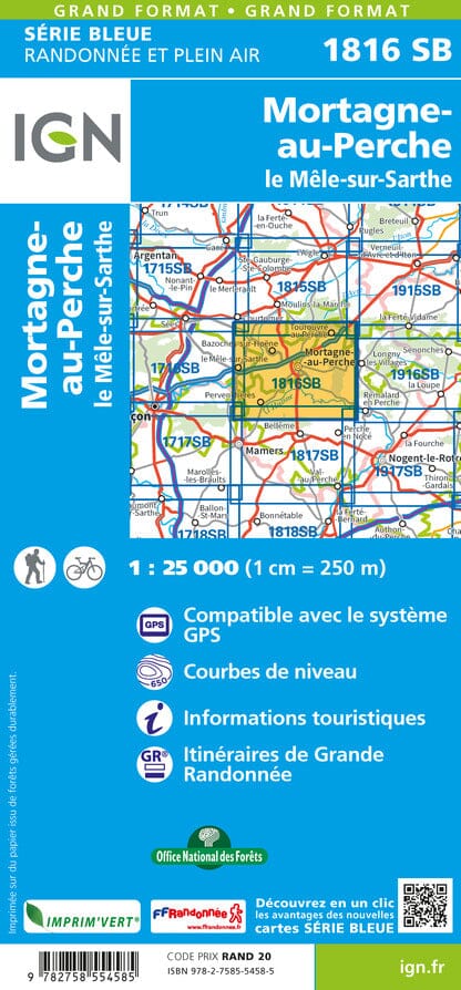 Carte de randonnée n° 1816 - Mortagne-au-Perche, Mêle-sur-Sarthe | IGN - Série Bleue carte pliée IGN 
