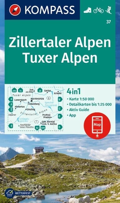 Carte de randonnée n° 37 - Zillertaler Alpen, Tuxer Alpen + Aktiv Guide (Autriche) | Kompass carte pliée Kompass 