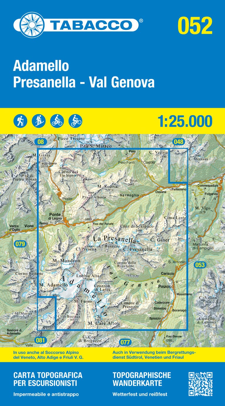 Carte de randonnée n° 52 - Massif d'Adamello-Presanella (Italie) | Tabacco carte pliée Tabacco 