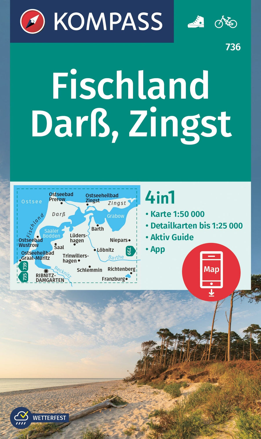Carte de randonnée n° 736 - Fischland, Darß, Zingst (Allemagne) | Kompass carte pliée Kompass 