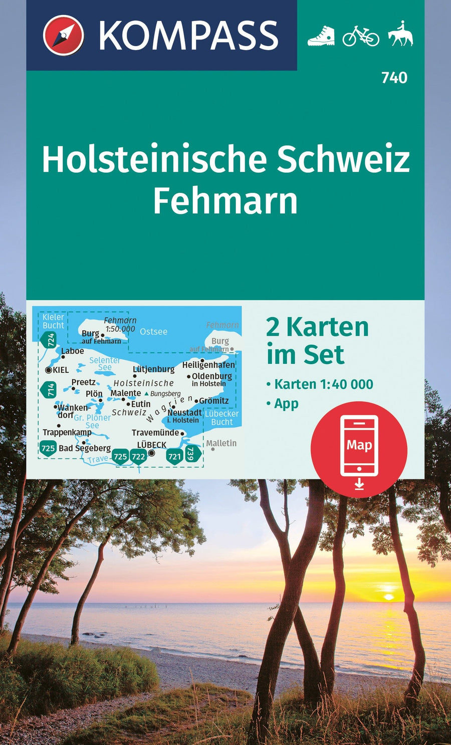 Carte de randonnée n° 740 - Holsteinische Schweiz, Fehmarn (Allemagne) | Kompass carte pliée Kompass 