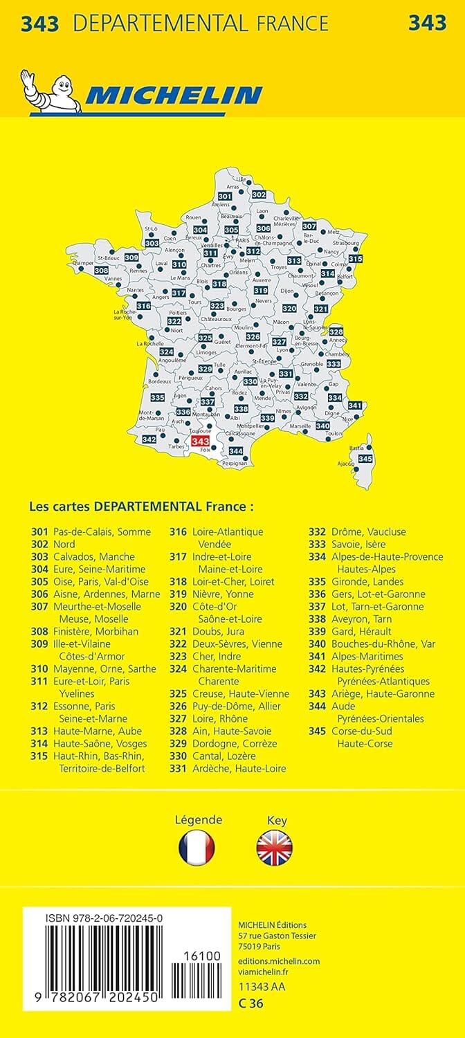 Carte départementale n° 343 - Ariège, Haute-Garonne | Michelin carte pliée Michelin 