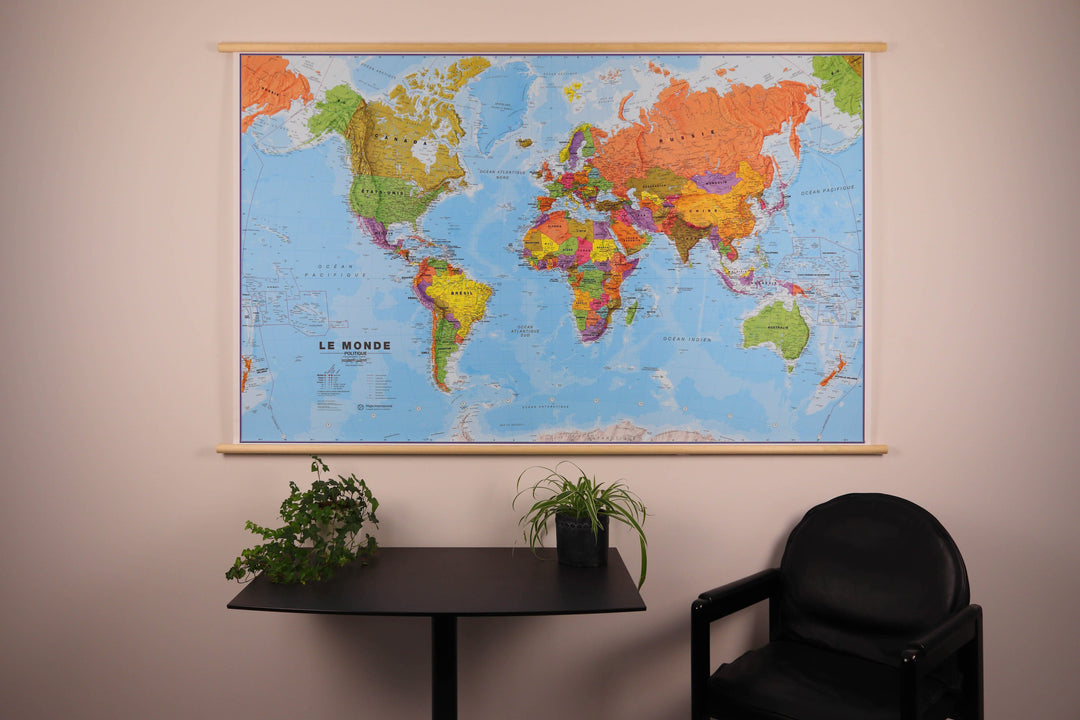 Laminated Giant Wall Map - World (Politics) - 197 x 117 cm, with wooden  holding slats | Maps International (French)