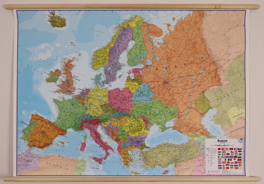 Carte murale plastifiée avec lattes de maintien en bois - Europe politique (en anglais) - 135 x 98 cm | Maps International carte murale hors dimensions Maps International 