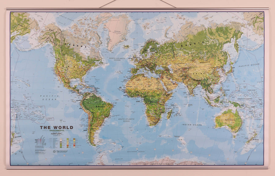 Carte murale plastifiée (en anglais) - Monde environnemental, avec lattes métalliques de maintien - 1/30M (136 x 86 cm) | Maps International carte murale grand tube Maps International 