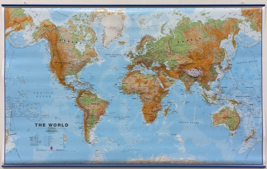 Carte murale (en anglais) - Monde physique - 136 x 84 cm | Maps International carte murale grand tube Maps International Plastifiée + Lattes métalliques 