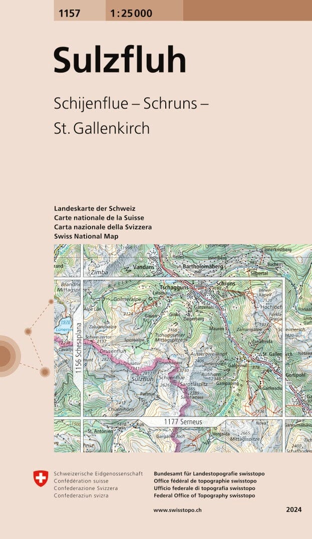 Carte topographique n° 1157 - Sulzfluh (Suisse) | Swisstopo - 1/25 000 carte pliée Swisstopo 