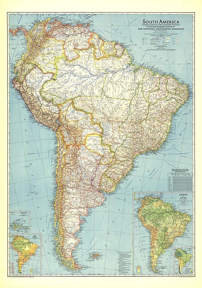 1942 South America Map Wall Map 