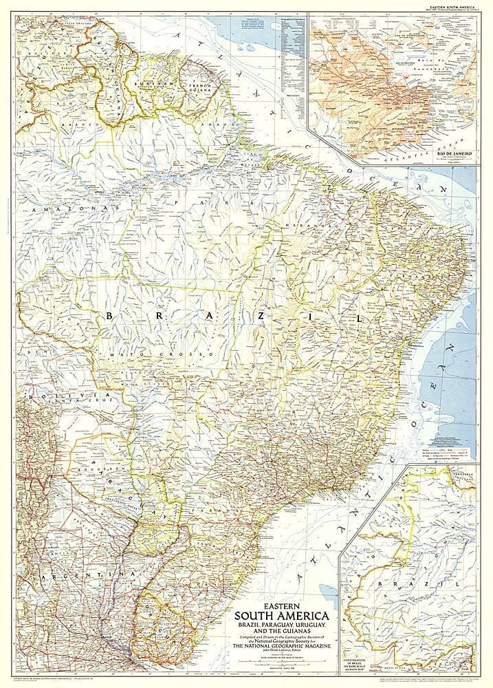 1955 Eastern South America Map Wall Map 
