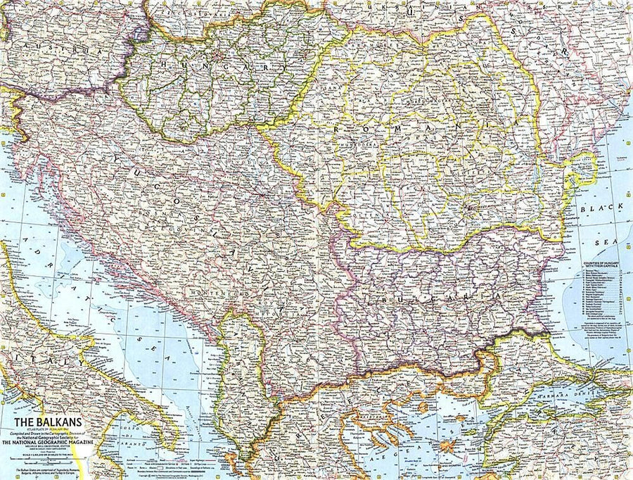 1962 The Balkans Map Wall Map 