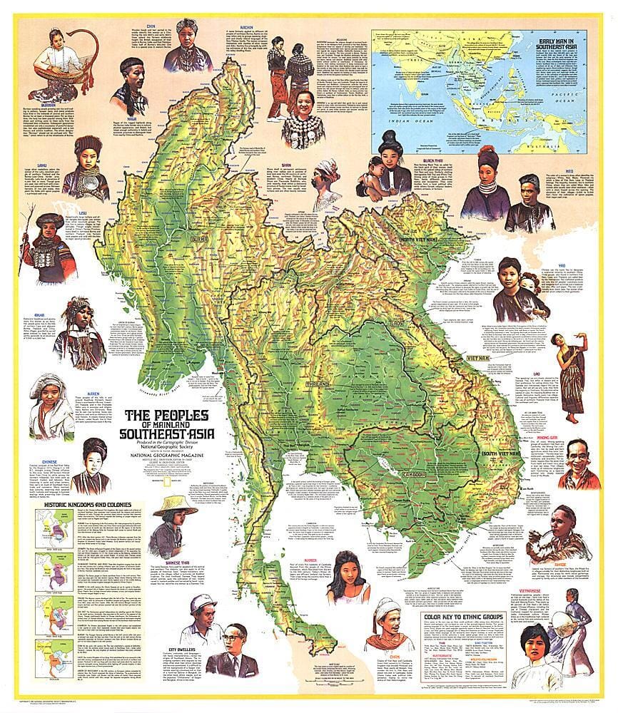 1971 Peoples of Mainland Southeast Asia Map Wall Map 