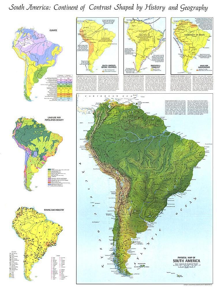 1972 Physical Map of South America Map Wall Map 