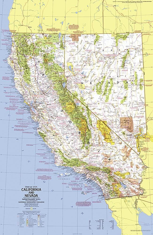 1974 Close-up USA, California and Nevada Map Wall Map 