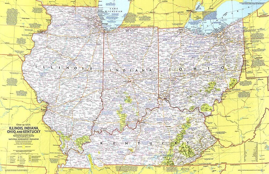 1977 Close-up USA, Illinois, Indiana, Ohio, Kentucky Wall Map 
