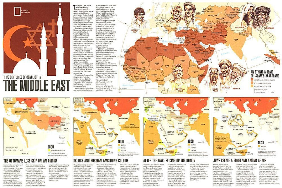 1980 Two Centuries of Conflict in the Middle East Map Wall Map 