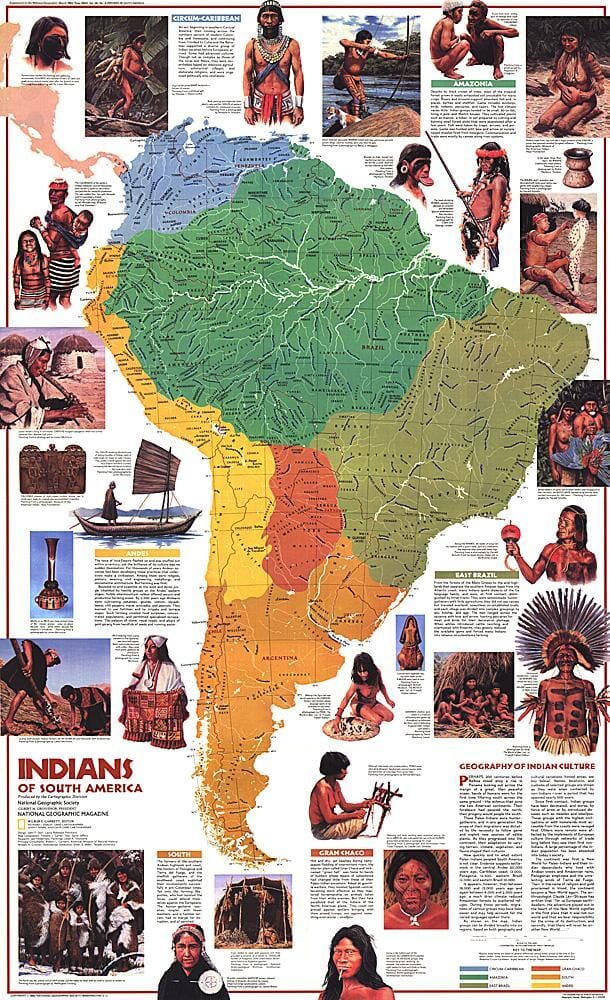 1982 Indians of South America Map Wall Map 