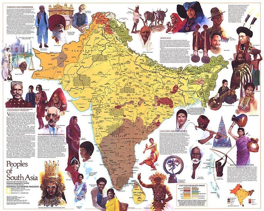 1984 Peoples of South Asia Map Wall Map 