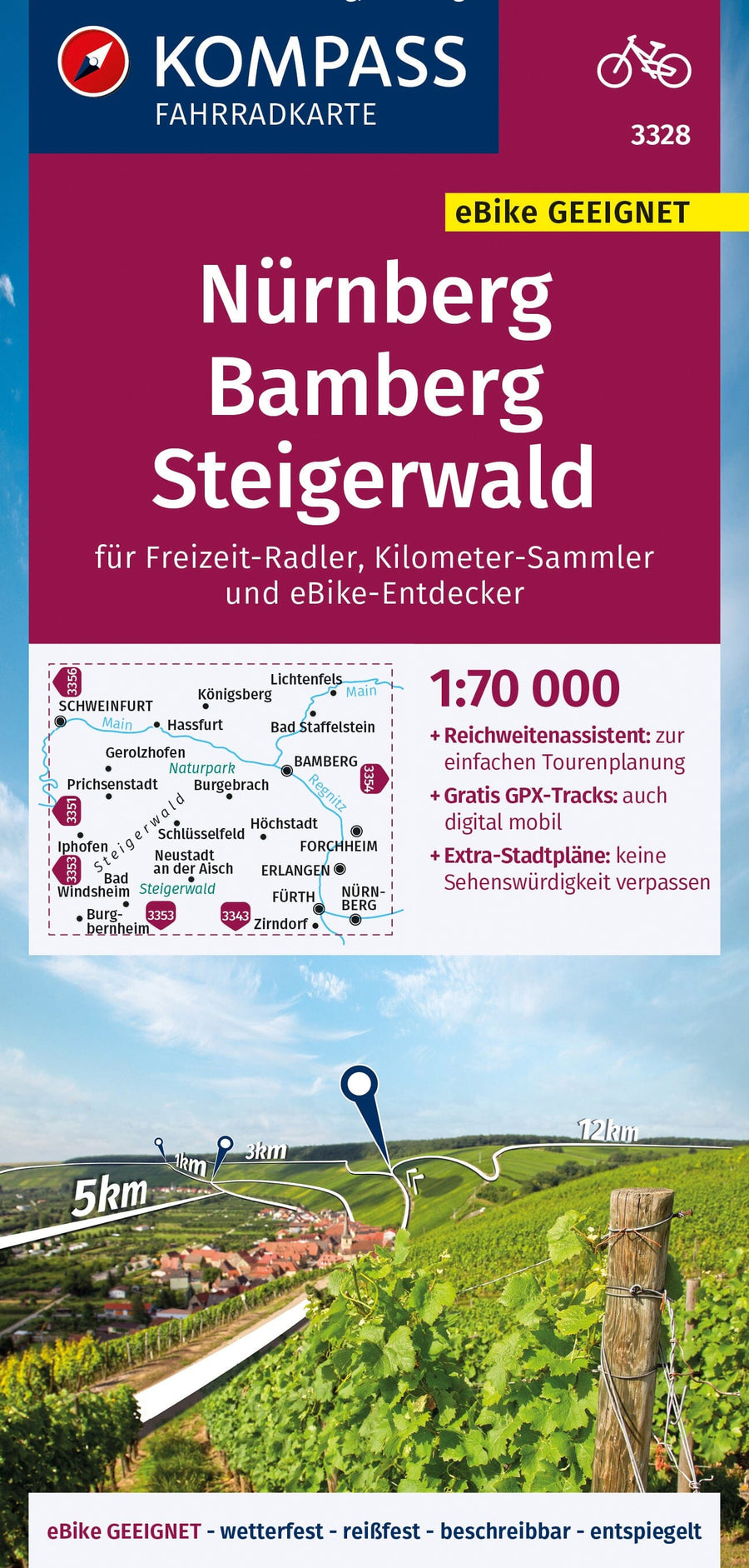 Carte cycliste n° F3328 - Nürnberg, Bamberg, Steigerwa (Allemagne) | Kompass carte pliée Kompass 