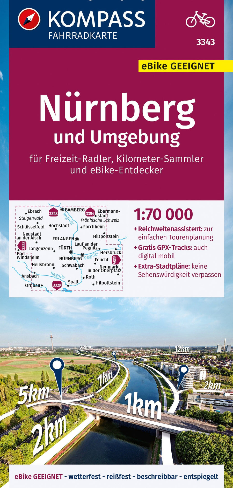Carte cycliste n° F3343 - Nuremberg & environs (Allemagne) | Kompass carte pliée Kompass 