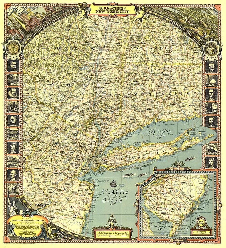 1939 Reaches of New York City Map Wall Map 