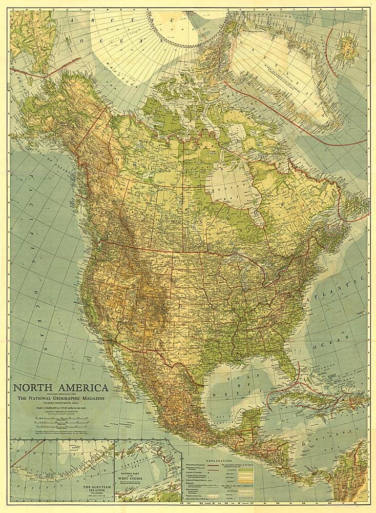 1924 North America Map Wall Map 