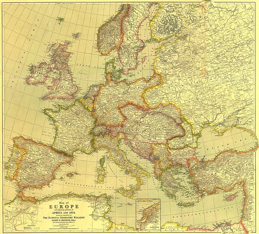 1915 Europe Map with Africa and Asia Wall Map 
