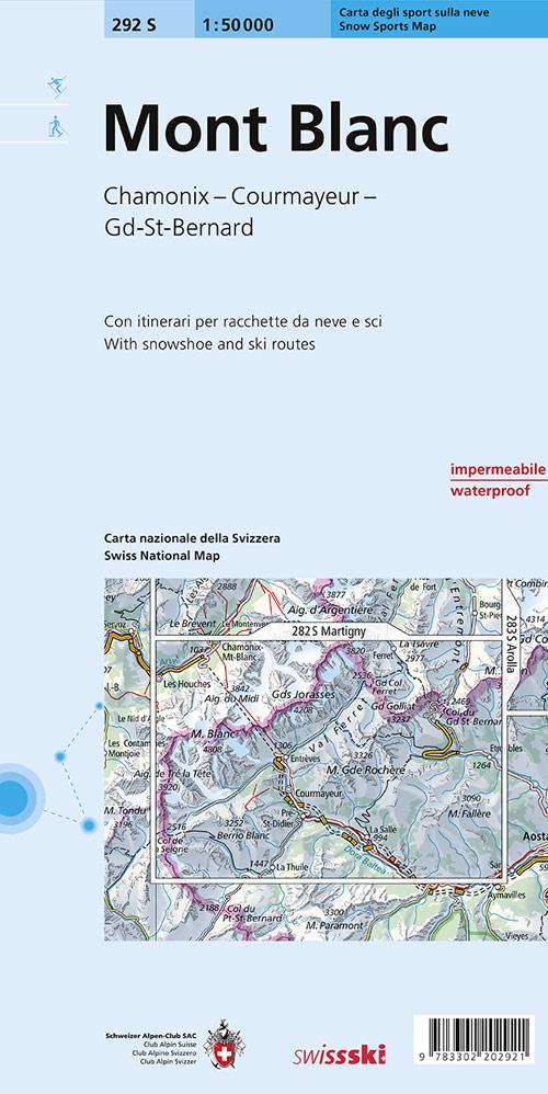 Carte de randonnée à ski n° 292S - Mont Blanc, Chamonix, Courmayeur, Gd-St-Bernard | Swisstopo - ski au 1/50 000 carte pliée Swisstopo 
