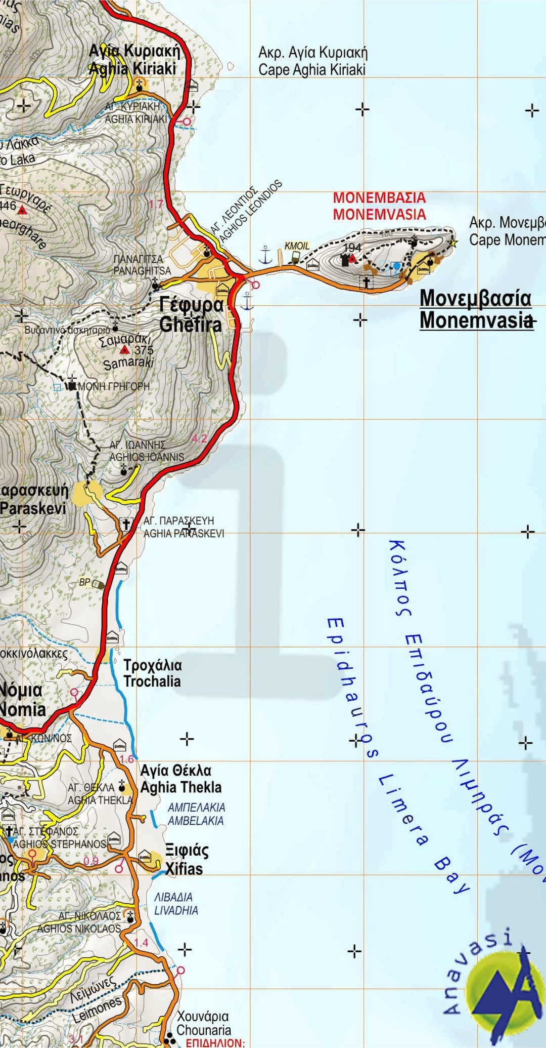 Moneva Map Hiking Map - Monemvasia, Maleas, Elafonisos | Anavasi – MapsCompany ...