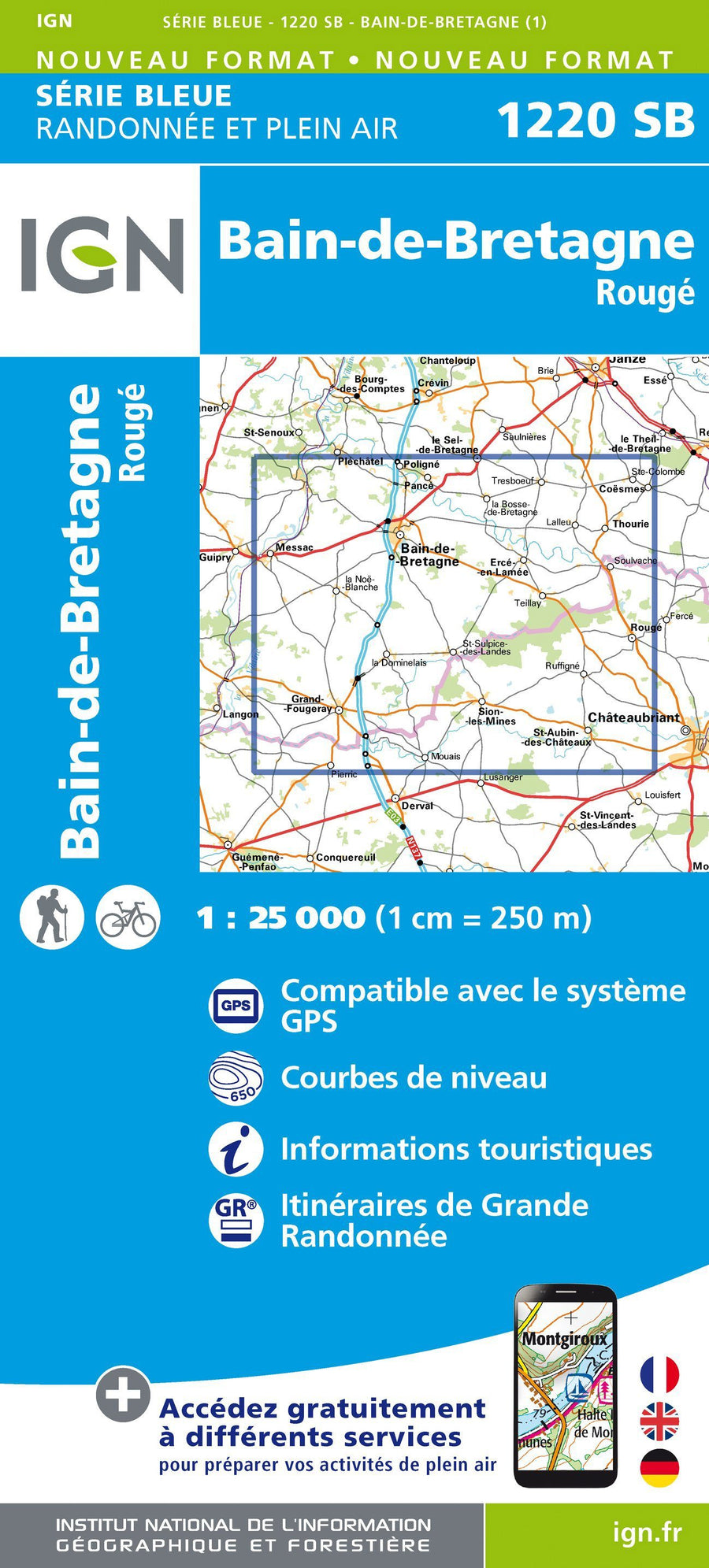 Carte de randonnée n° 1220 - Bain-de-Bretagne, Rougé | IGN - Série Bleue carte pliée IGN 