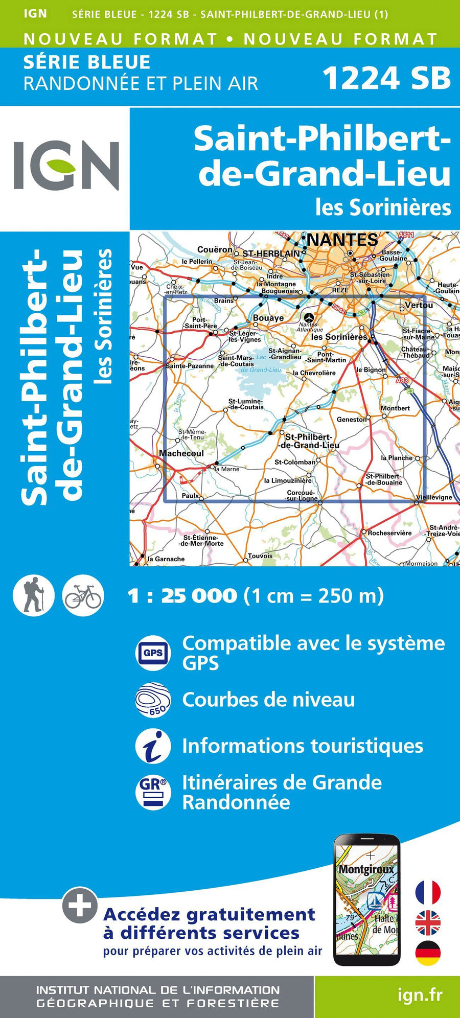 Carte de randonnée n° 1224 - St-Philbert-de-Grand-Lieu, Les Sorinières | IGN - Série Bleue carte pliée IGN 