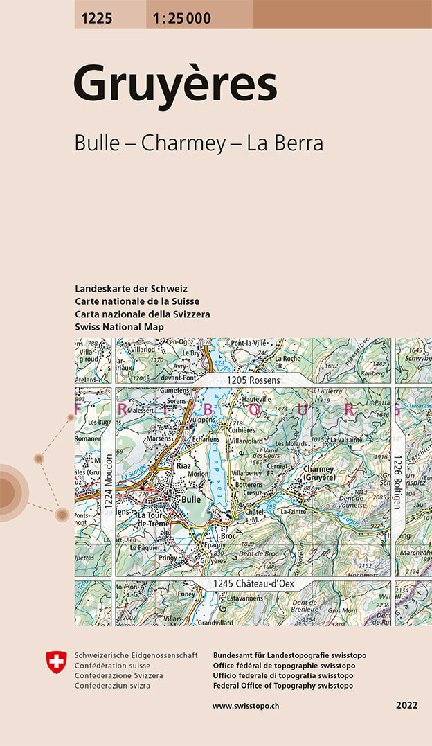 Carte de randonnée n° 1225 - Gruyères (Suisse) | Swisstopo - 1/25 000 carte pliée Swisstopo 