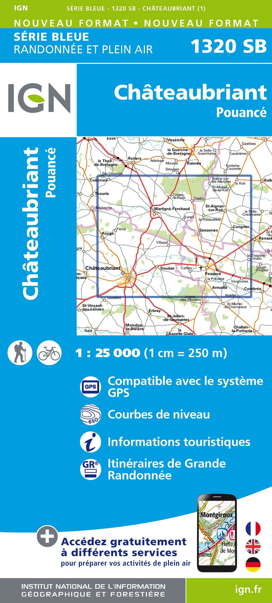 Carte de randonnée n° 1320 - Châteaubriant, Pouancé | IGN - Série Bleue carte pliée IGN 