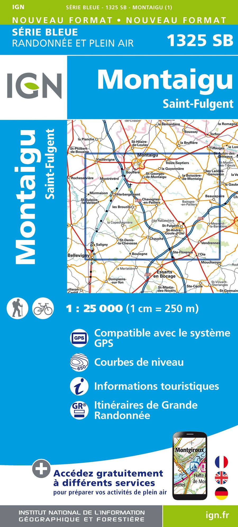 Carte de randonnée n° 1325 - St-Fulgent, Montaigu | IGN - Série Bleue carte pliée IGN 