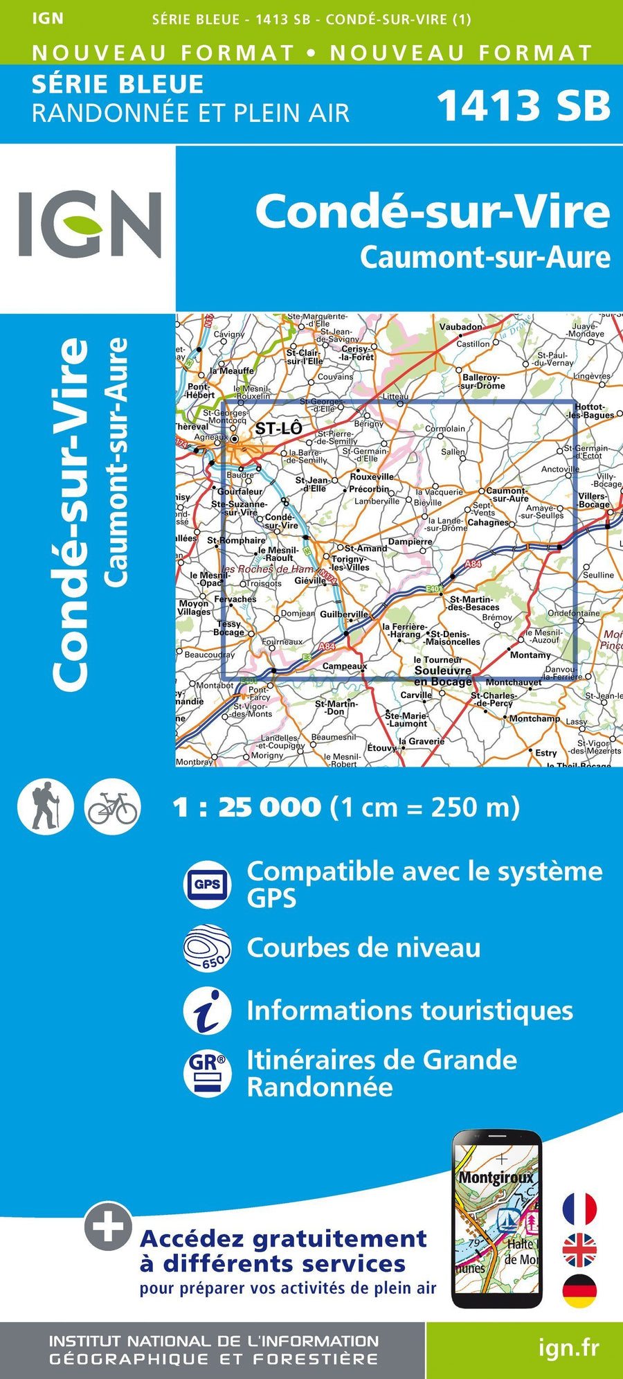 Carte de randonnée n° 1413 - Condé-sur-Vire, Caumont- sur-Aure | IGN - Série Bleue carte pliée IGN 