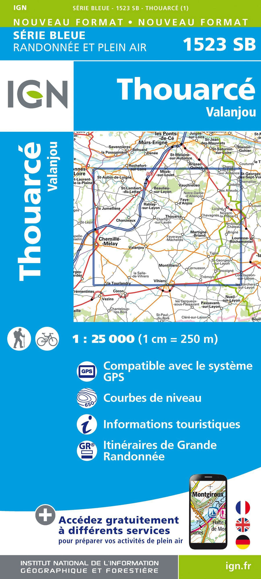 Carte de randonnée n° 1523 - Thouarcé, Valanjou | IGN - Série Bleue carte pliée IGN 