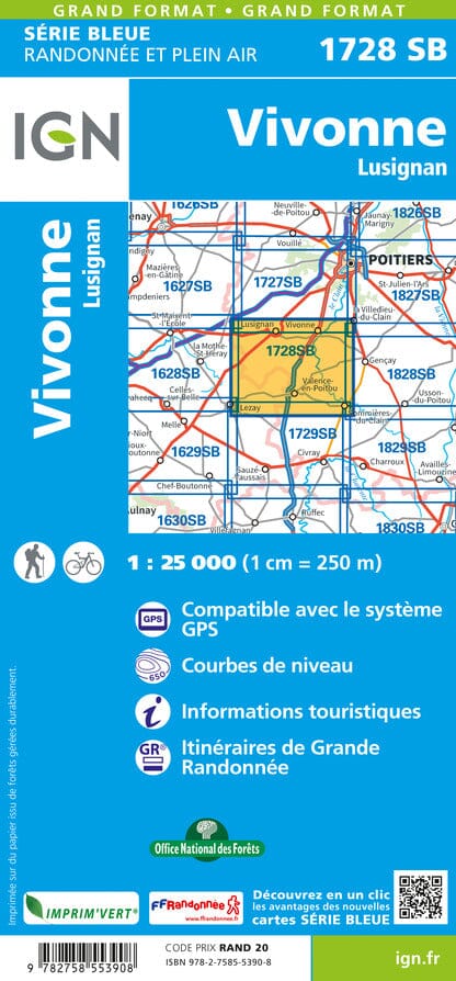 Carte de randonnée n° 1728 - Vivonne, Lusignan | IGN - Série Bleue carte pliée IGN 