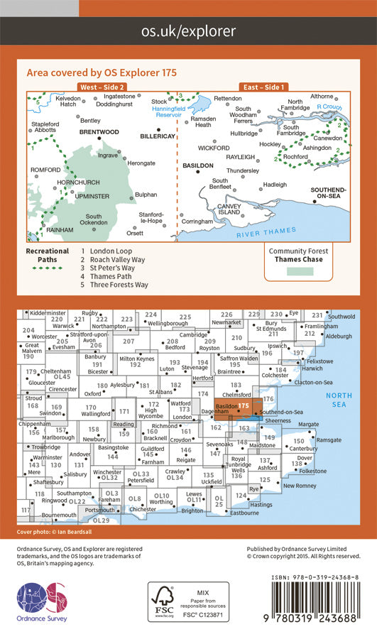 Carte de randonnée n° 175 - Southend-on-Sea, Basildon (Grande Bretagne) | Ordnance Survey - Explorer carte pliée Ordnance Survey Papier 