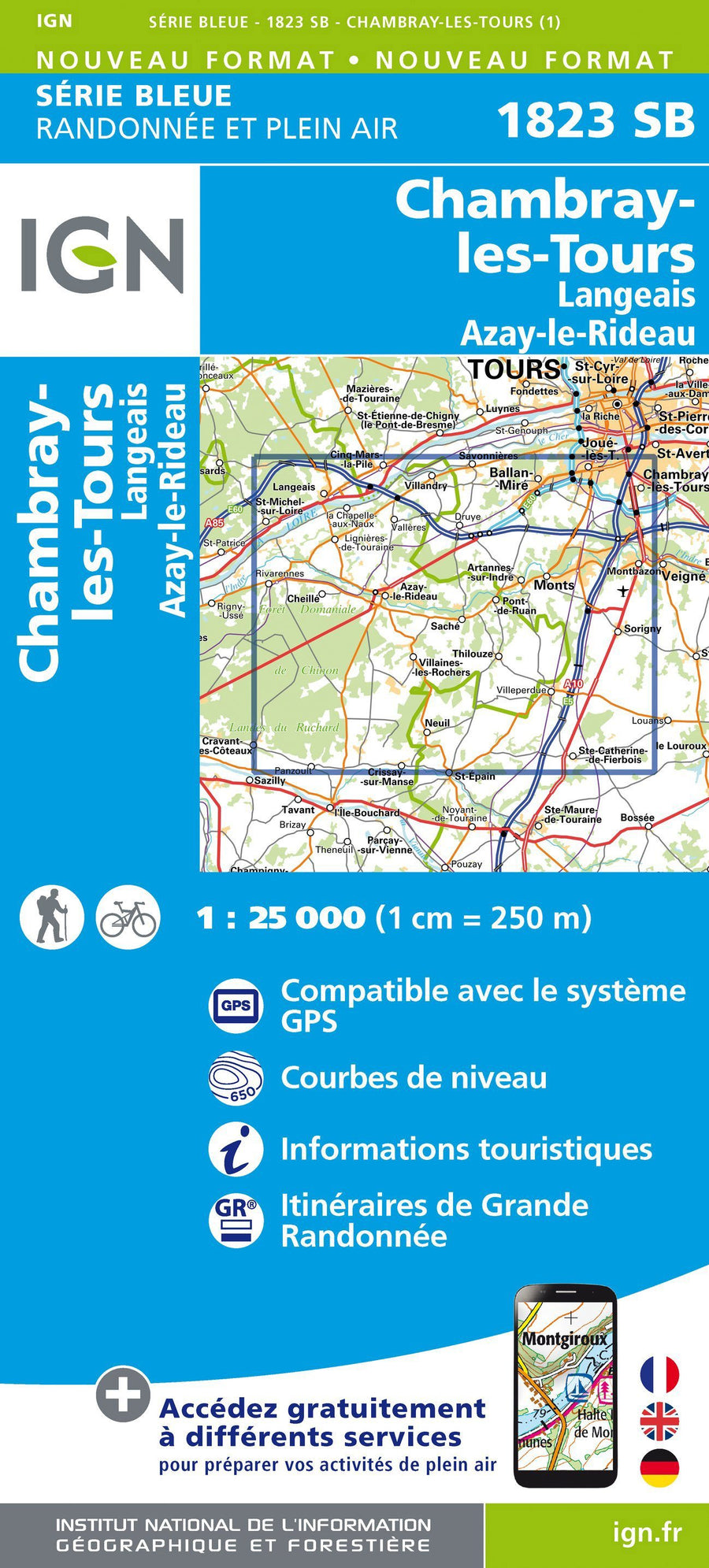 Carte de randonnée n° 1823 - Chambray-les-Tours, Langeais, Azay-le-Rideau | IGN - Série Bleue carte pliée IGN 