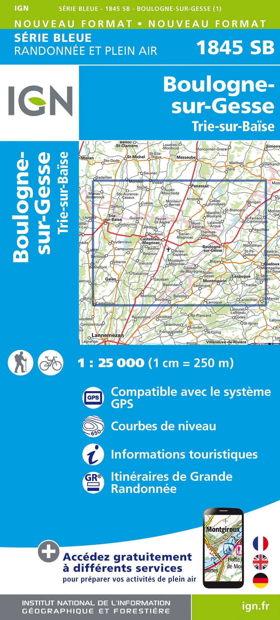 Carte de randonnée n° 1845 - Boulogne-sur-Gesse, Trie-sur-Baïse | IGN - Série Bleue carte pliée IGN 