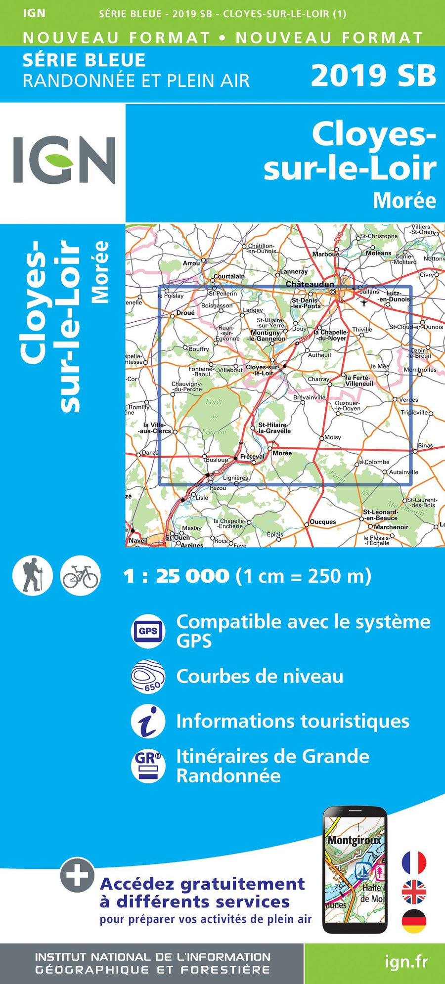 Carte de randonnée n° 2019 - Cloyes-sur-le-Loir, Morée | IGN - Série Bleue carte pliée IGN 