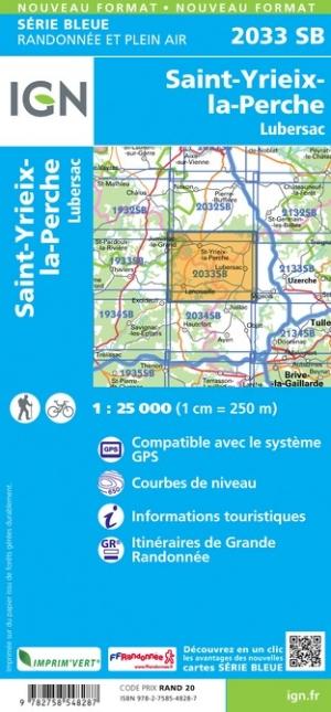 Carte de randonnée n° 2033 - St-Yrieix-la-Perche, Lubersac | IGN - Série Bleue carte pliée IGN 