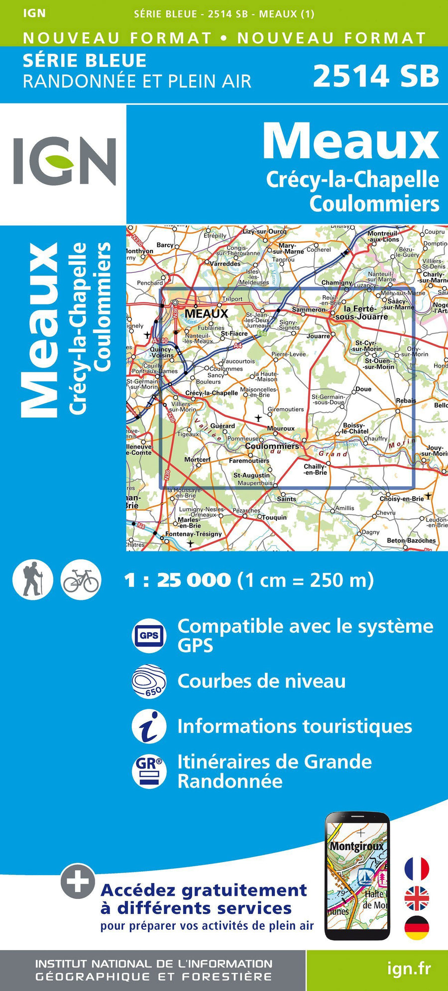 Carte de randonnée n° 2514 - Meaux, Crécy-la-Chapelle, Coulommiers | IGN - Série Bleue carte pliée IGN 