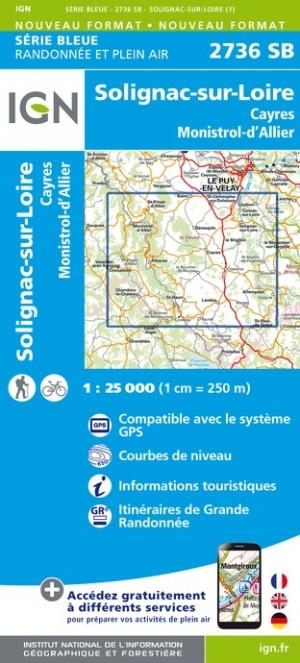 Carte de randonnée n° 2736 - Solignac-sur-Loire, Cayres, Monistrol d'Allier | IGN - Série Bleue carte pliée IGN 