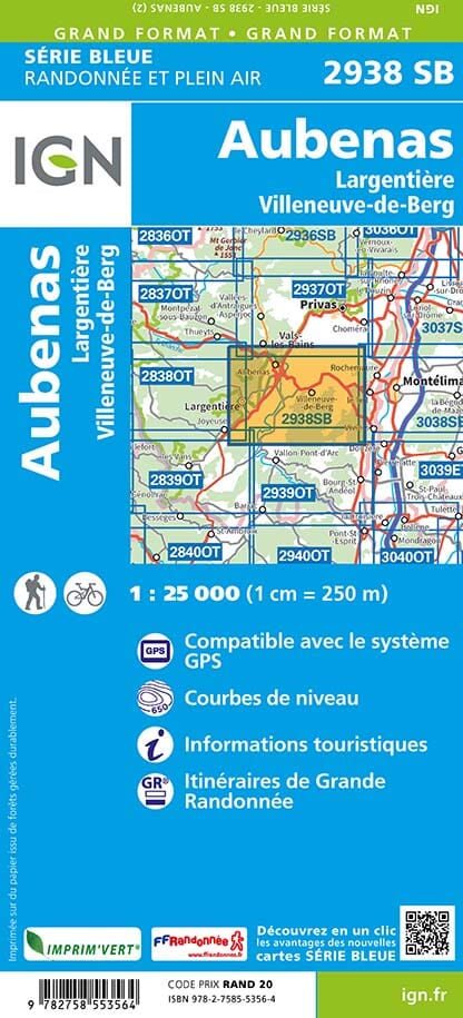 Carte de randonnée n° 2938 - Aubenas, Largentière, Villeneuve-de-Berg | IGN - Série Bleue carte pliée IGN 