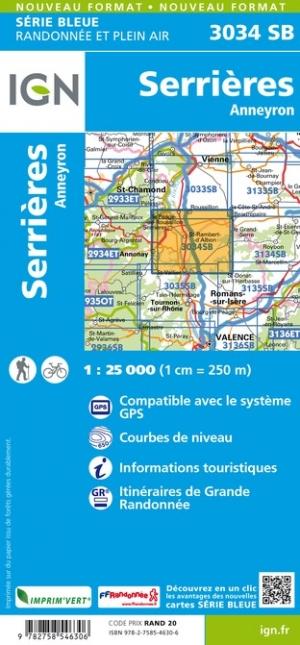 Carte de randonnée n° 3034 - Serrières, Anneyron | IGN - Série Bleue carte pliée IGN 