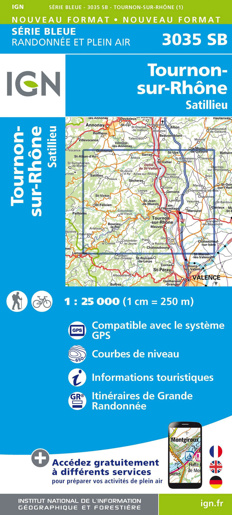 Carte de randonnée n° 3035 - Tounon-sur-Rhône, Satillieu | IGN - Série Bleue carte pliée IGN 