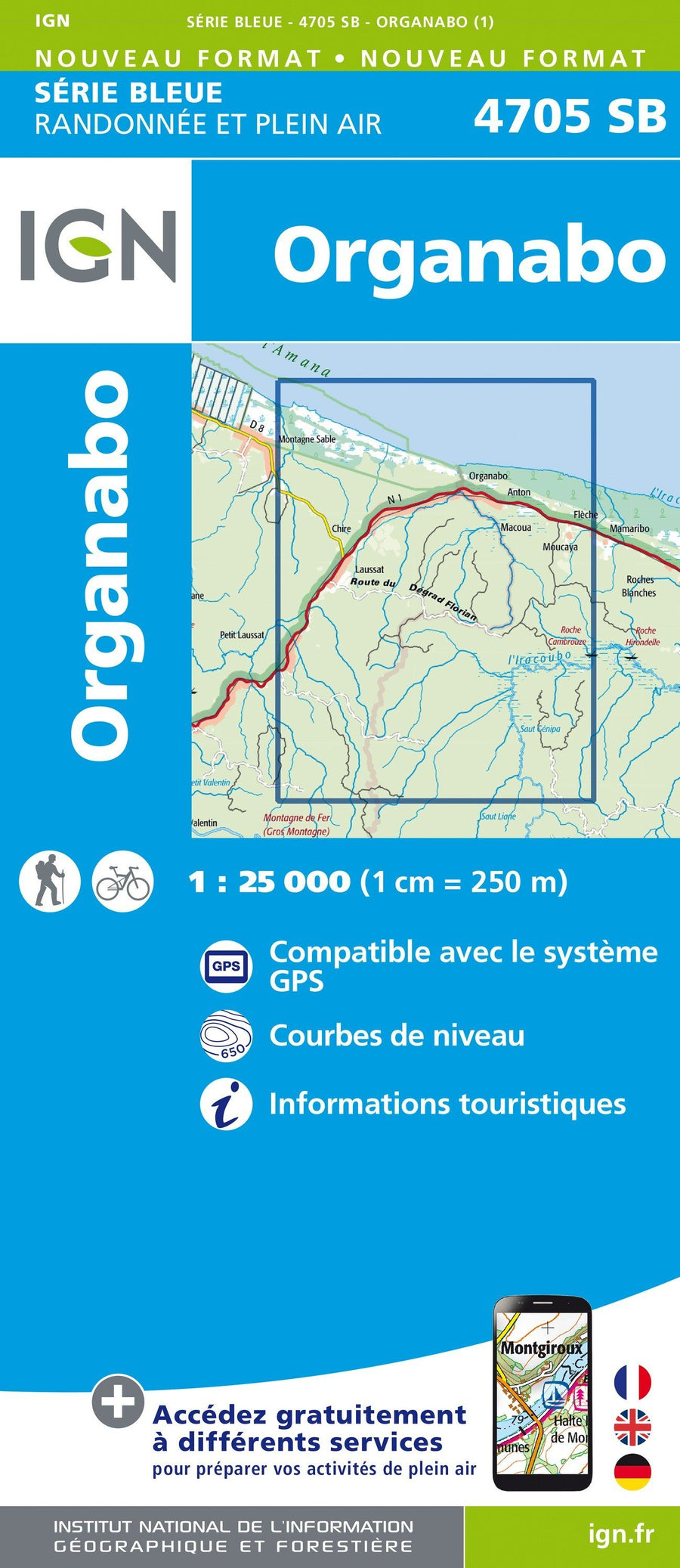 Carte de randonnée n° 4705 - Organabo (Guyane) | IGN - Série Bleue carte pliée IGN 